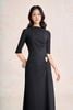 FDP73802 - Đầm dạo phố vải cotton dáng chữ A cổ lệch tay lưgr thân váy phối nhún kèm phụ kiện kim loại tạo kiểu khoá thân sau - PANTIO