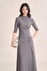 FDP73802 - Đầm dạo phố vải cotton dáng chữ A cổ lệch tay lưgr thân váy phối nhún kèm phụ kiện kim loại tạo kiểu khoá thân sau - PANTIO
