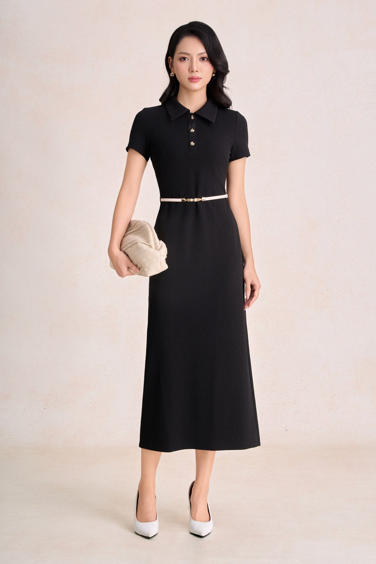 FDP73819 - Đầm dạo phố vải cotton dáng suông cổ bẻ phối khuy đá tạo kiểu khoá thân sau - PANTIO