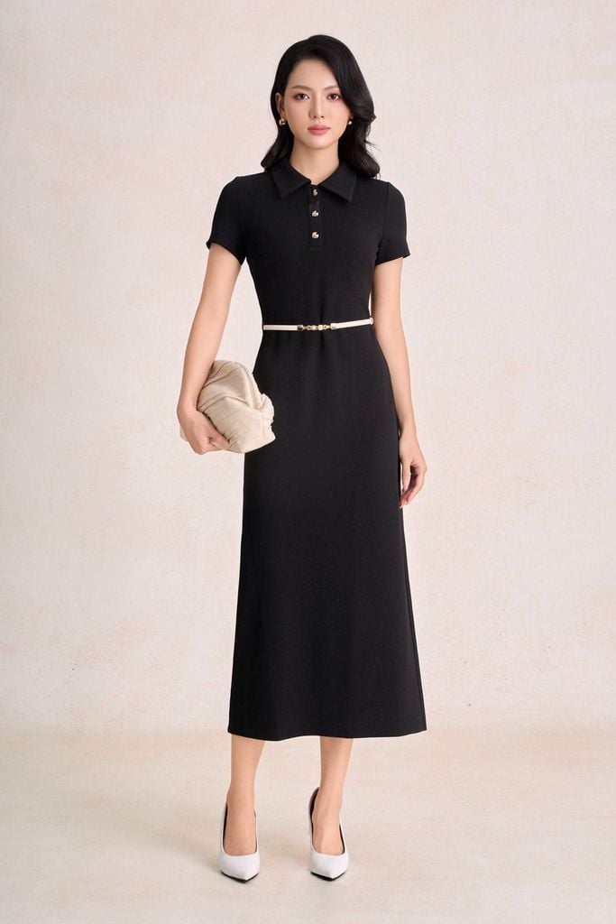 FDP73819 - Đầm dạo phố vải cotton dáng suông cổ bẻ phối khuy đá tạo kiểu khoá thân sau - PANTIO