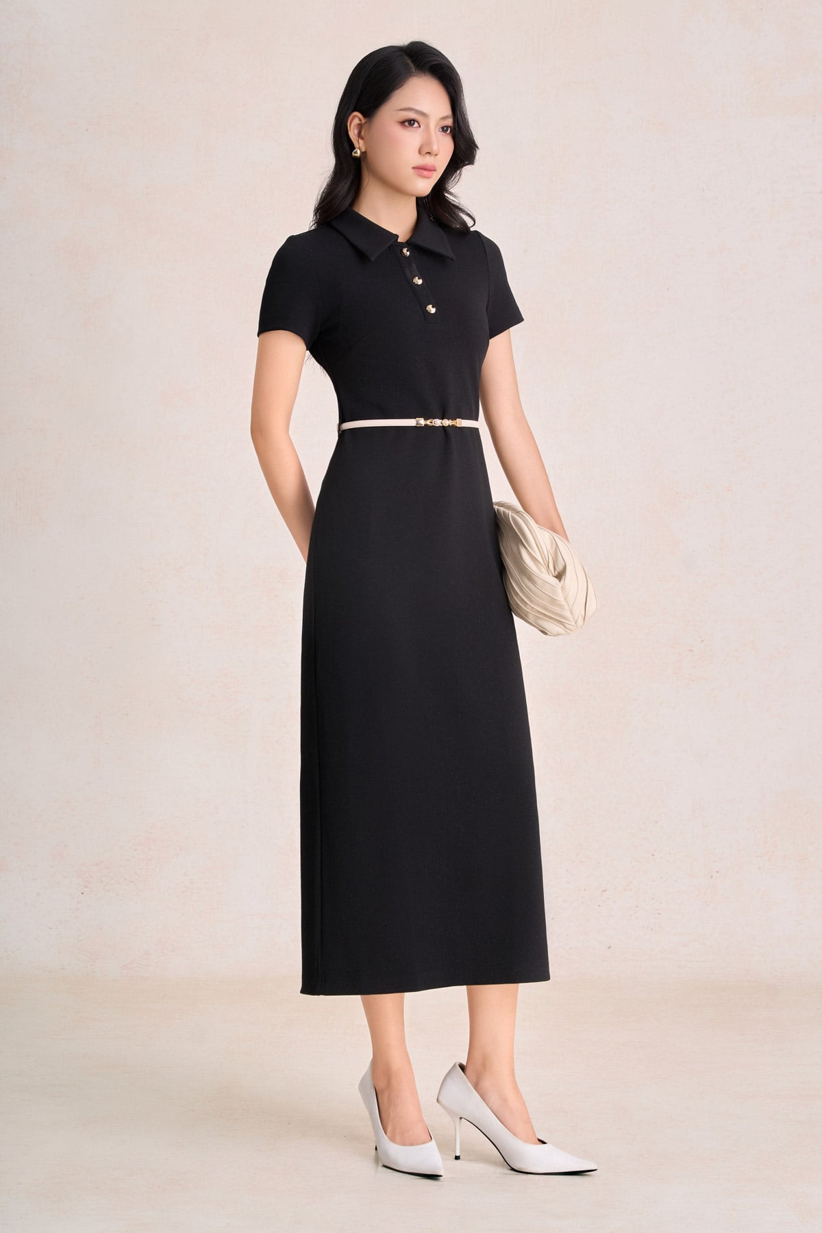 FDP73819 - Đầm dạo phố vải cotton dáng suông cổ bẻ phối khuy đá tạo kiểu khoá thân sau - PANTIO