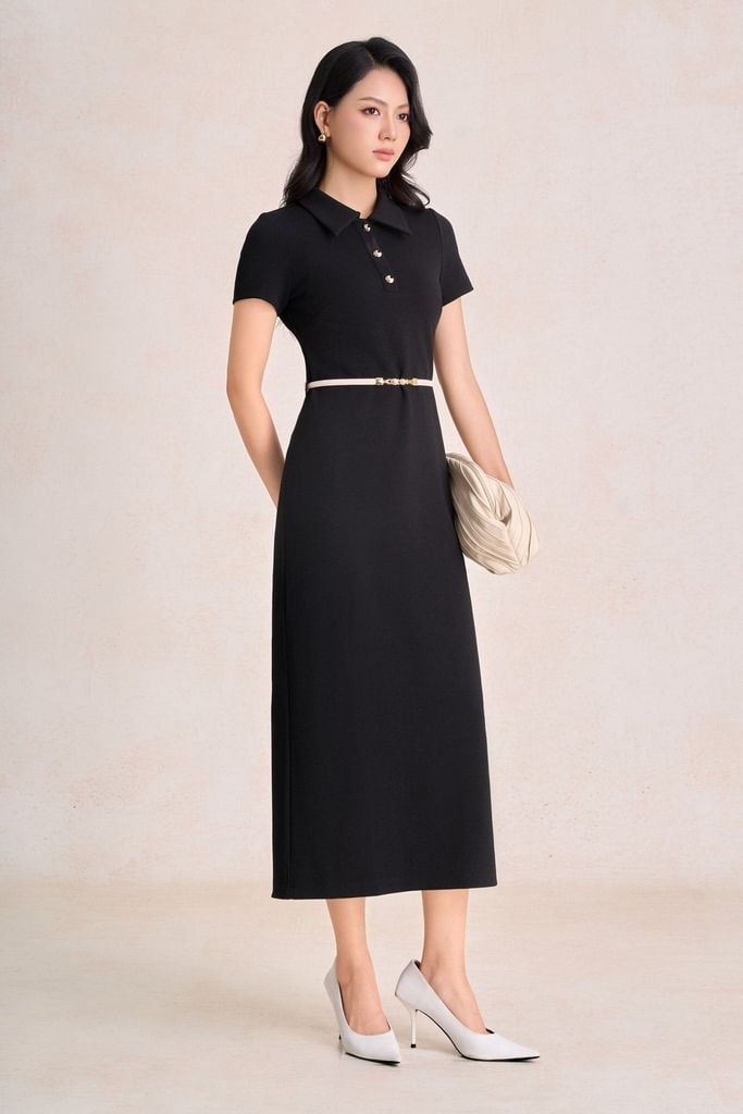 FDP73819 - Đầm dạo phố vải cotton dáng suông cổ bẻ phối khuy đá tạo kiểu khoá thân sau - PANTIO