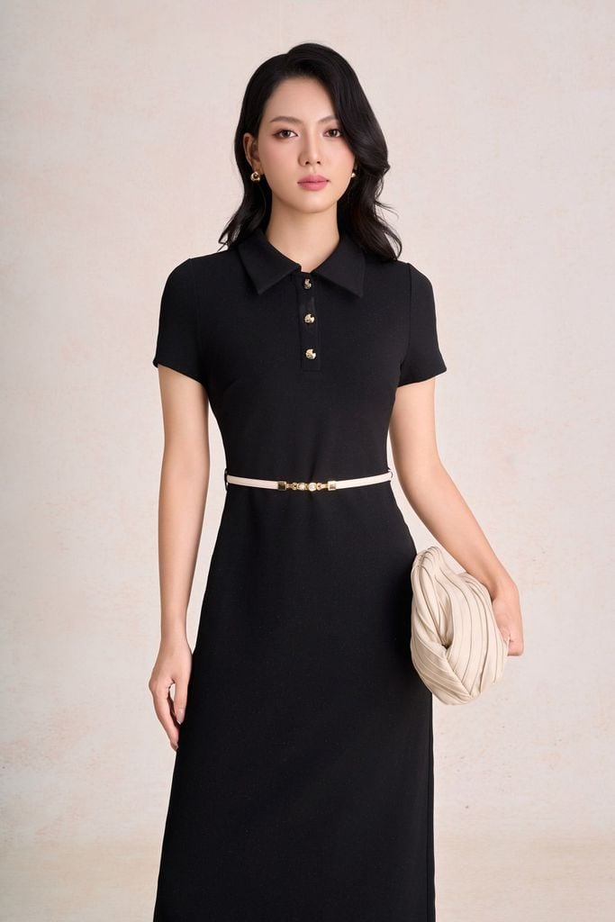 FDP73819 - Đầm dạo phố vải cotton dáng suông cổ bẻ phối khuy đá tạo kiểu khoá thân sau - PANTIO