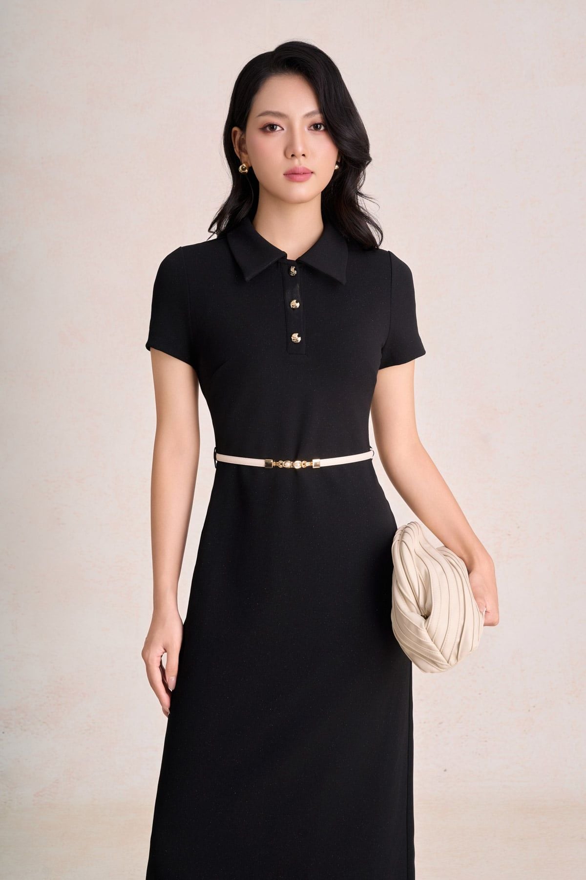 FDP73819 - Đầm dạo phố vải cotton dáng suông cổ bẻ phối khuy đá tạo kiểu khoá thân sau - PANTIO