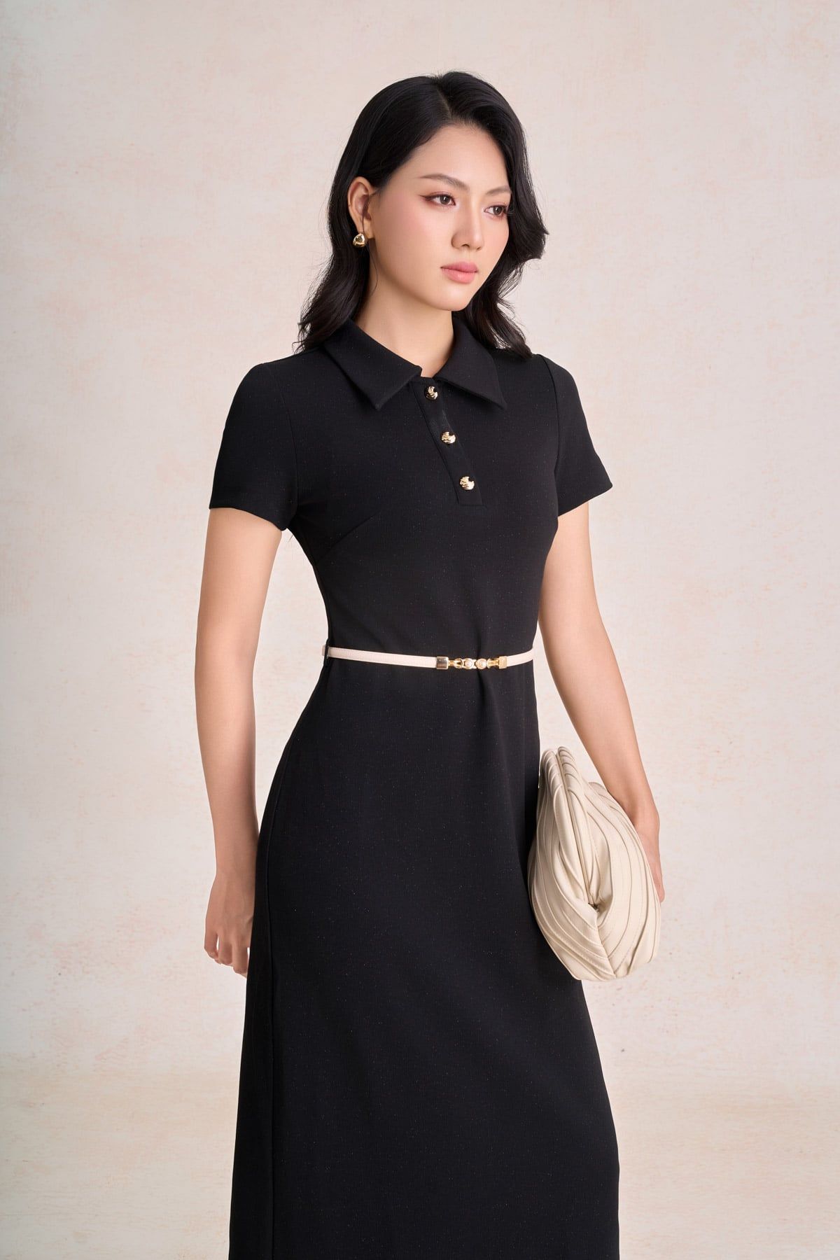 FDP73819 - Đầm dạo phố vải cotton dáng suông cổ bẻ phối khuy đá tạo kiểu khoá thân sau - PANTIO