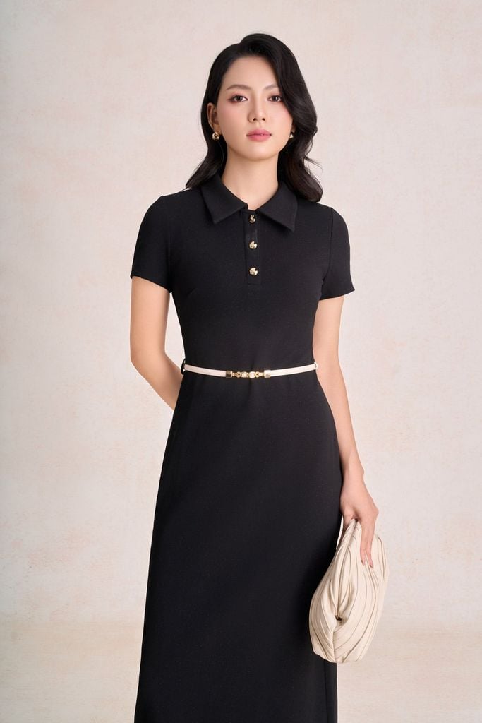 FDP73819 - Đầm dạo phố vải cotton dáng suông cổ bẻ phối khuy đá tạo kiểu khoá thân sau - PANTIO