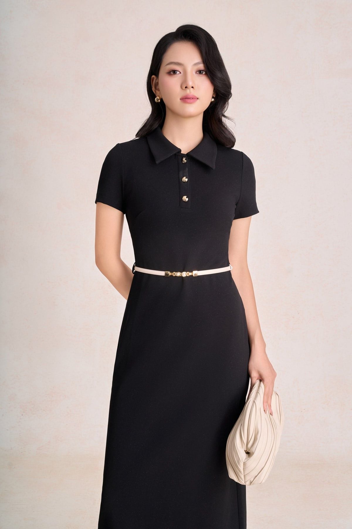 FDP73819 - Đầm dạo phố vải cotton dáng suông cổ bẻ phối khuy đá tạo kiểu khoá thân sau - PANTIO