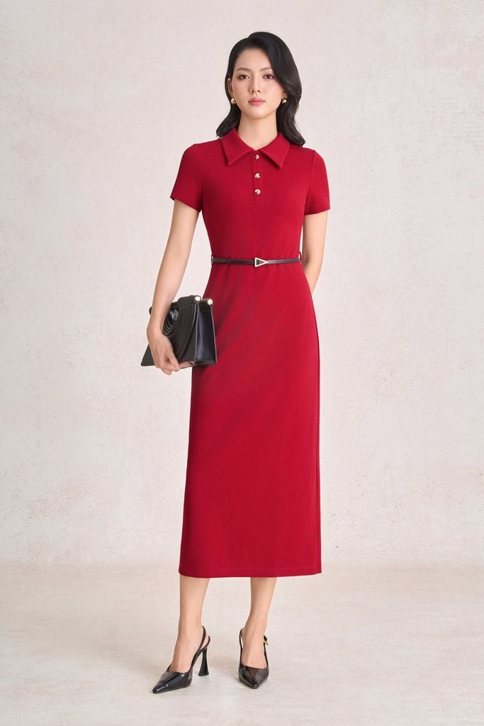 FDP73819 - Đầm dạo phố vải cotton dáng suông cổ bẻ phối khuy đá tạo kiểu khoá thân sau - PANTIO