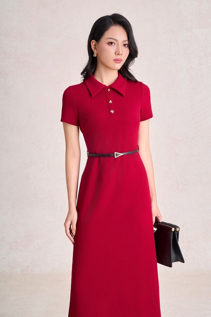 FDP73819 - Đầm dạo phố vải cotton dáng suông cổ bẻ phối khuy đá tạo kiểu khoá thân sau - PANTIO