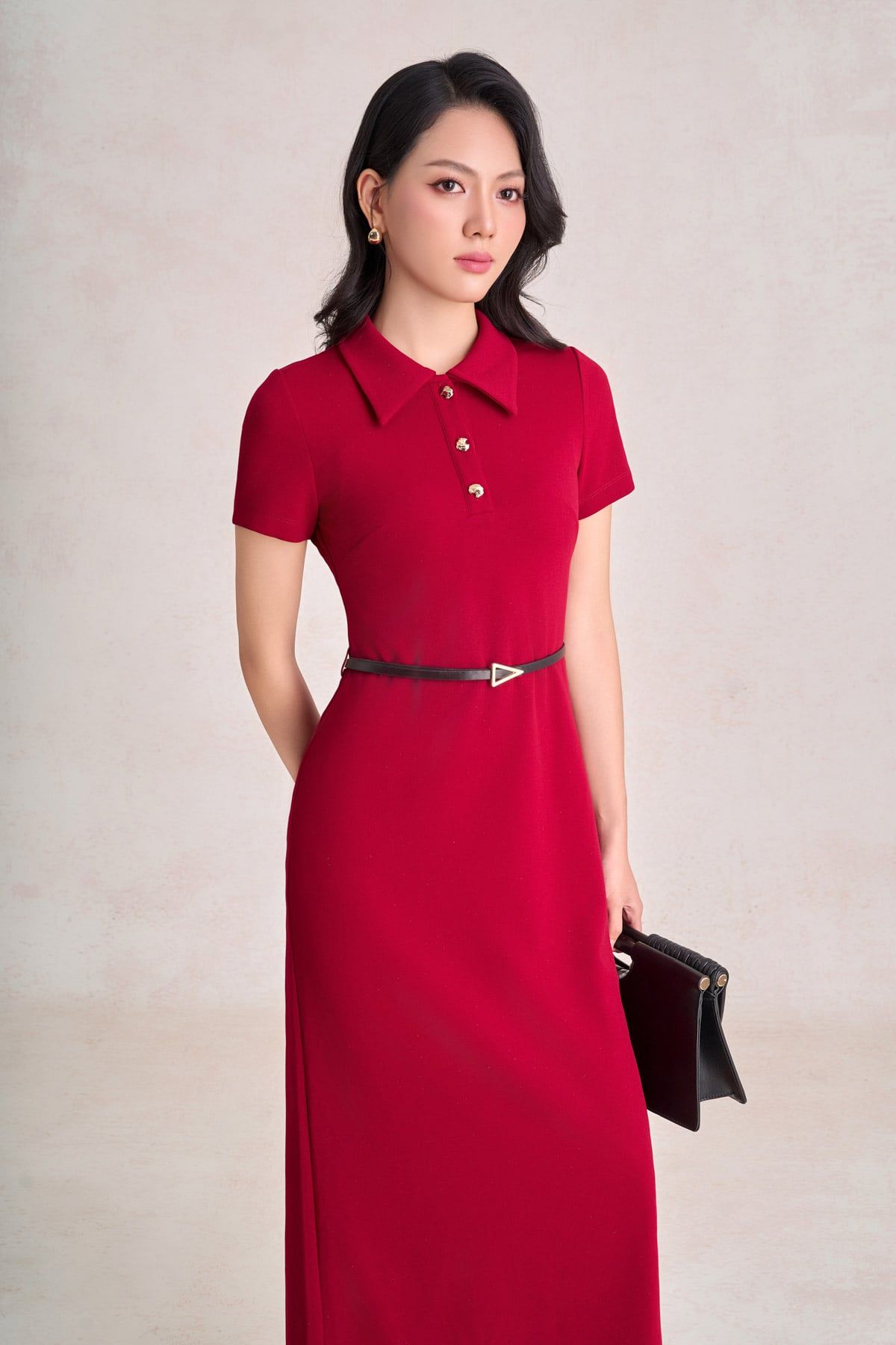 FDP73819 - Đầm dạo phố vải cotton dáng suông cổ bẻ phối khuy đá tạo kiểu khoá thân sau - PANTIO
