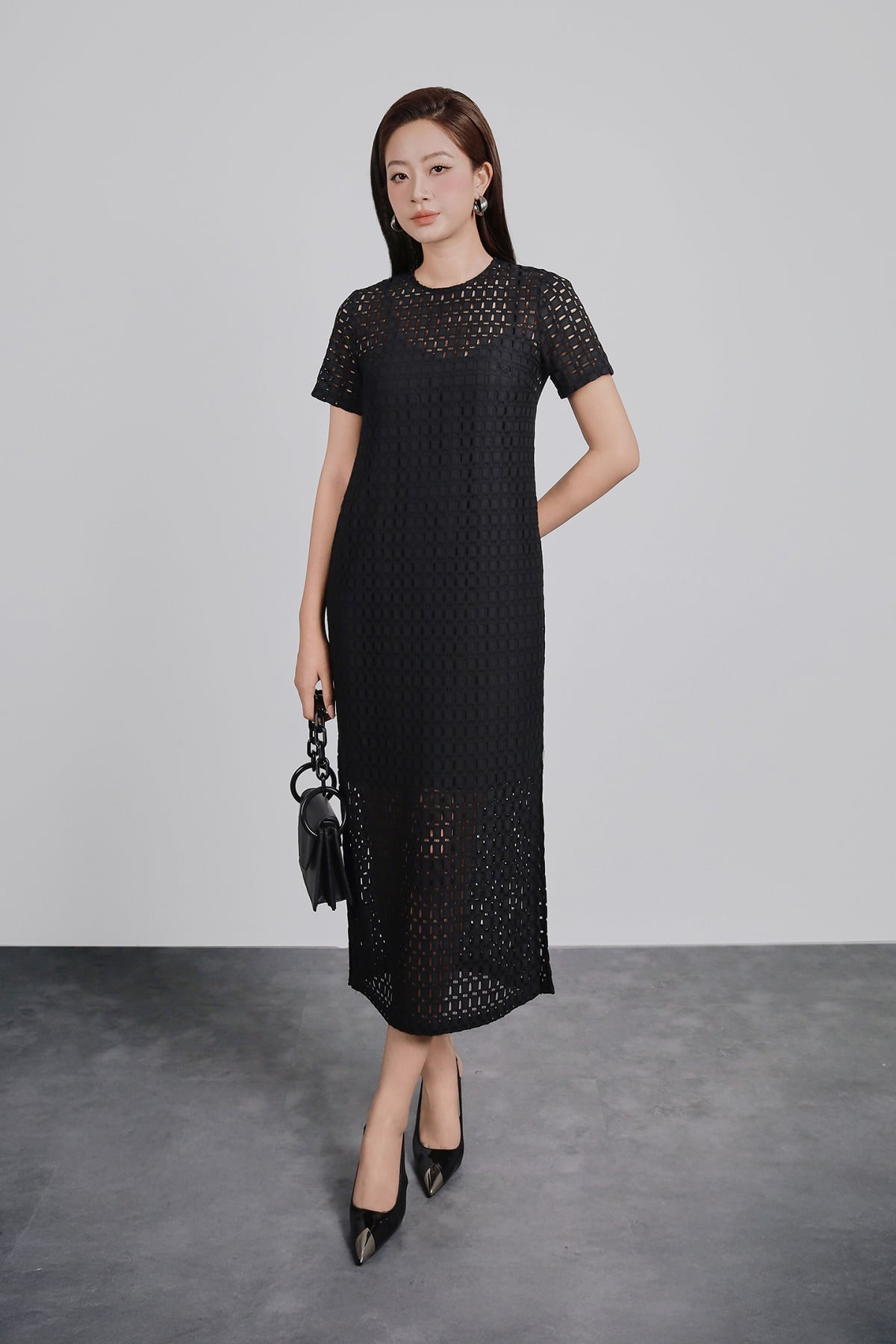 FDP93452 - Đầm dạo phố vải ren mỏng kèm váy lót hai dây dáng suông váy xẻ tà bên hông tạo kiểu - PANTIO