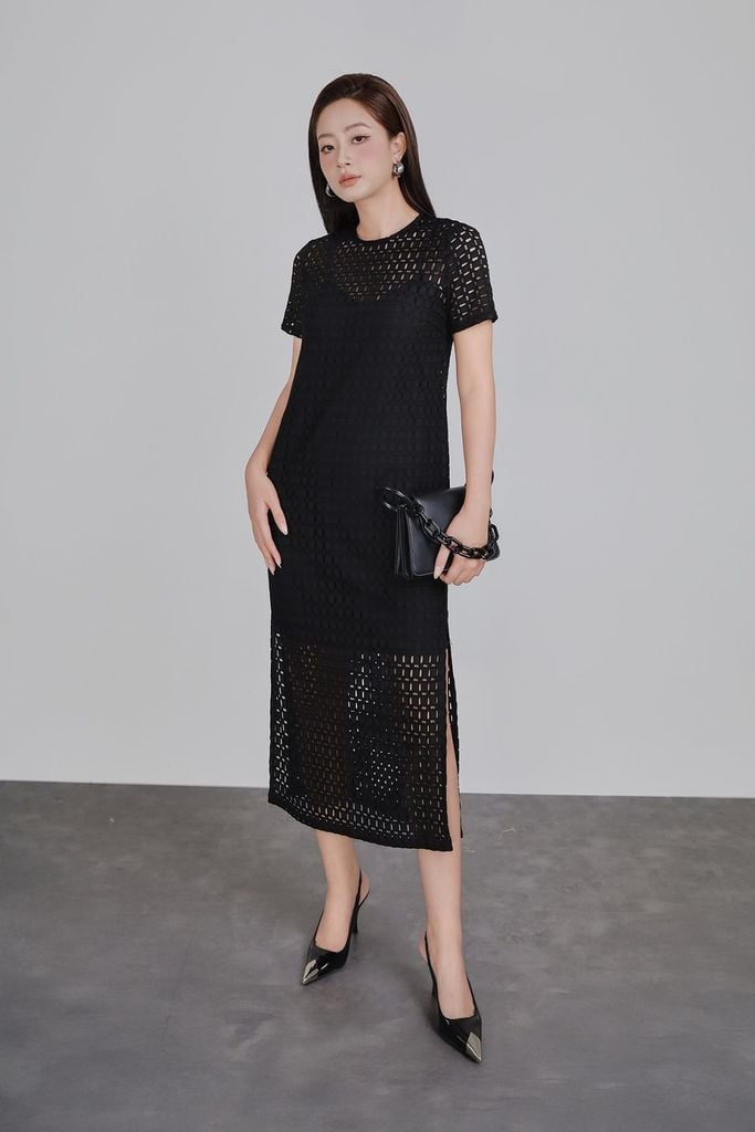 FDP93452 - Đầm dạo phố vải ren mỏng kèm váy lót hai dây dáng suông váy xẻ tà bên hông tạo kiểu - PANTIO