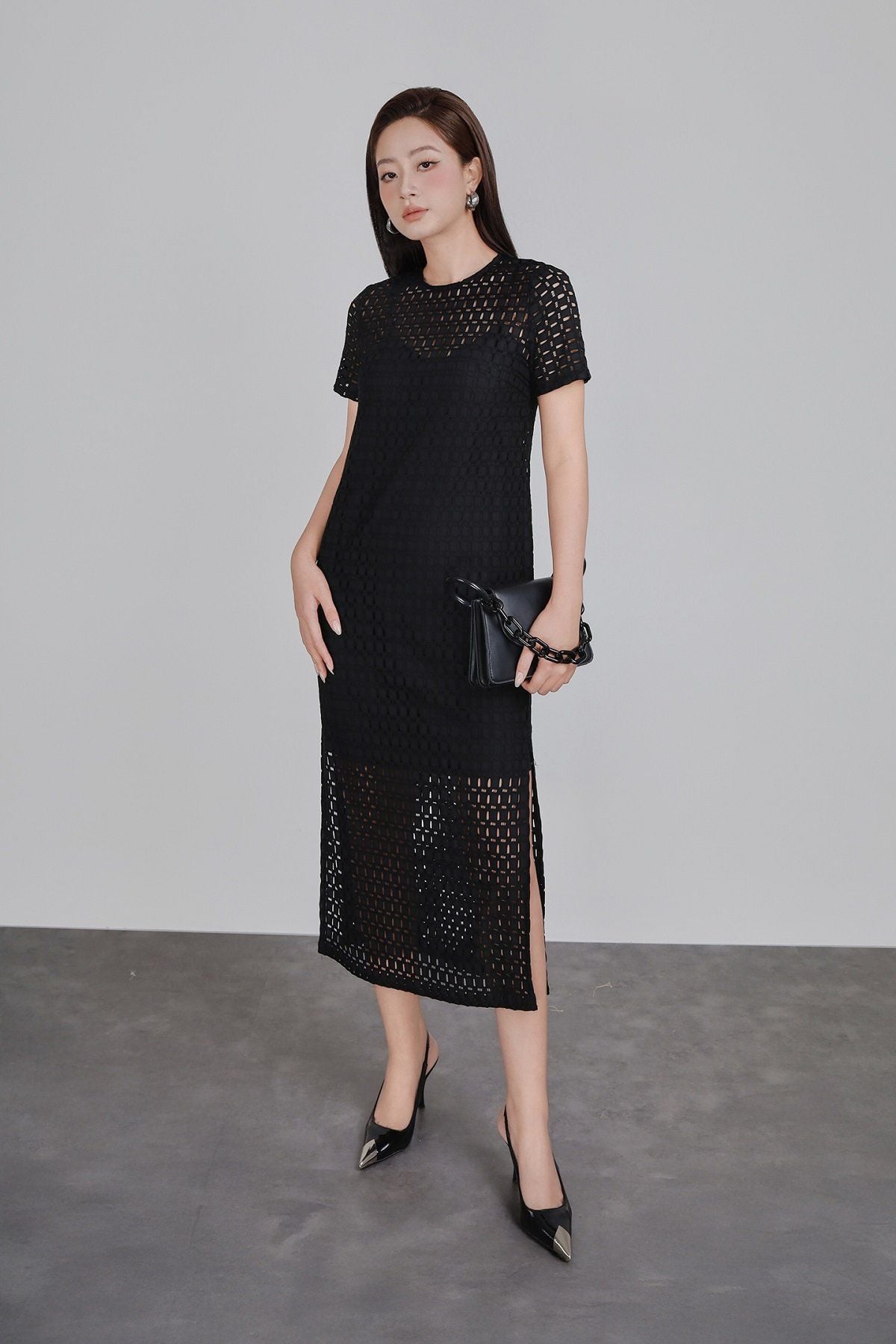 FDP93452 - Đầm dạo phố vải ren mỏng kèm váy lót hai dây dáng suông váy xẻ tà bên hông tạo kiểu - PANTIO