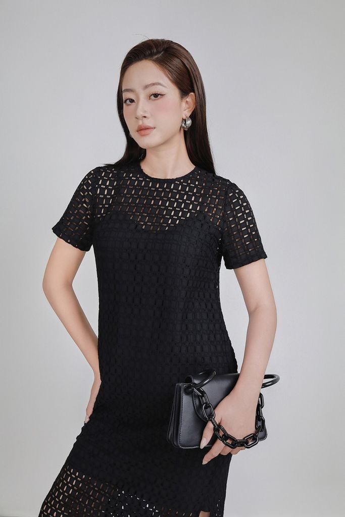 FDP93452 - Đầm dạo phố vải ren mỏng kèm váy lót hai dây dáng suông váy xẻ tà bên hông tạo kiểu - PANTIO