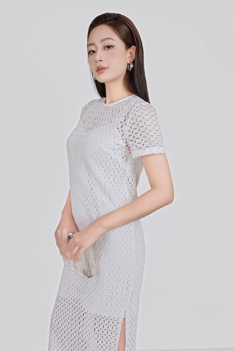 FDP93452 - Đầm dạo phố vải ren mỏng kèm váy lót hai dây dáng suông váy xẻ tà bên hông tạo kiểu - PANTIO