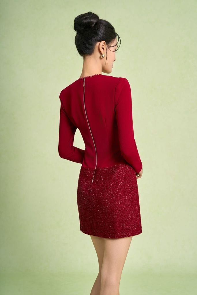 FDP93643 - Đầm dạo phố vải cotton dáng ôm cổ tròn tay dài thân váy phối dạ tweed thời trang khoá thân sau - PANTIO