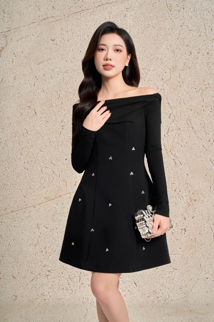 FDP93660 - Đầm dạo phố vải thô dáng chữ A ngắn tay dài trễ vai tạo kiểu thân váy đính ngọc thời trang khoá thân sau - PANTIO