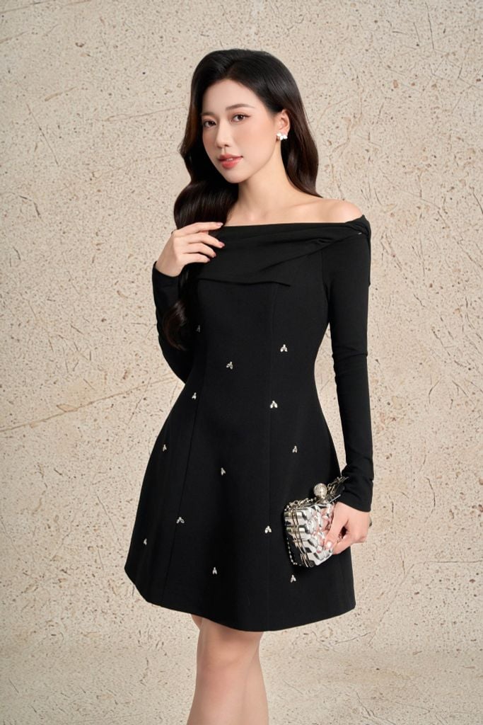 FDP93660 - Đầm dạo phố vải thô dáng chữ A ngắn tay dài trễ vai tạo kiểu thân váy đính ngọc thời trang khoá thân sau - PANTIO