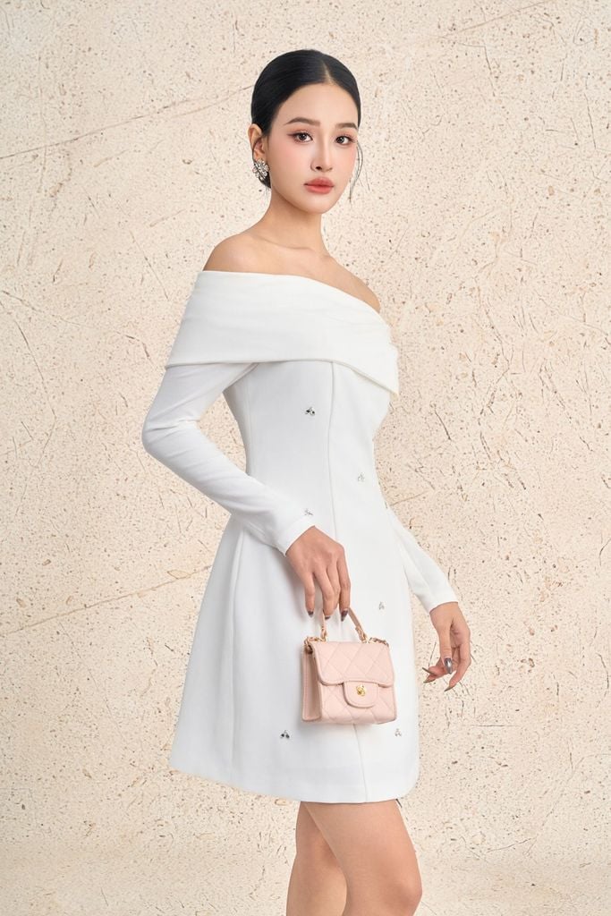 FDP93660 - tylekeo88 tv vải thô dáng chữ A ngắn tay dài trễ vai tạo kiểu thân váy đính ngọc thời trang khoá thân sau - tỷ lệ kèo 8899