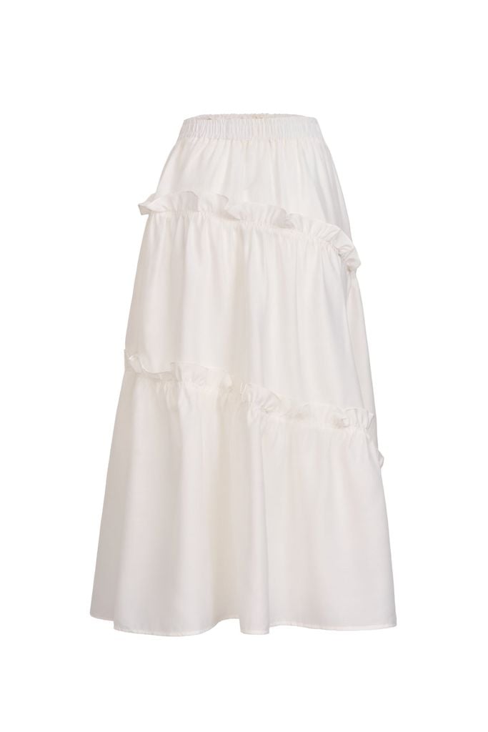 FJD31366 - Chân váy dài vải tơ dáng suông cạp chun co giãn thân váy phối viền bèo tạo kiểu - JAN.