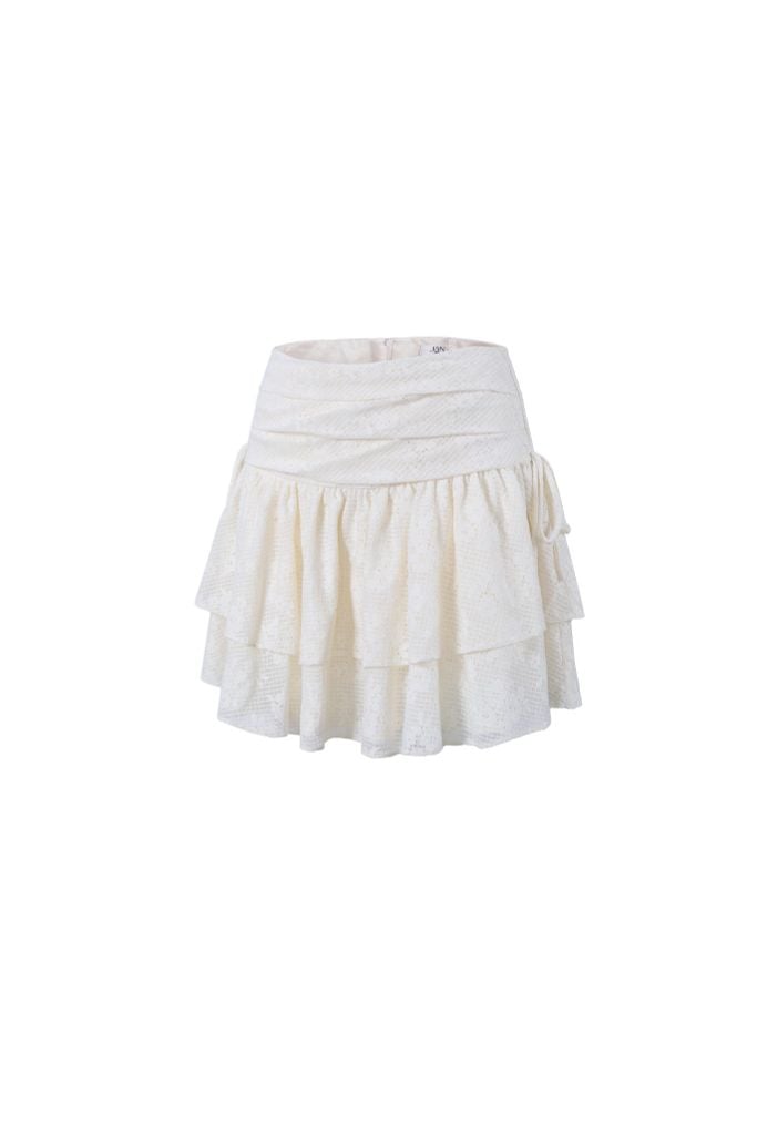 FJN3725 - Chân váy ngắn vải ren lưới hai tầng eo xếp nhún tạo kiểu - JAN.