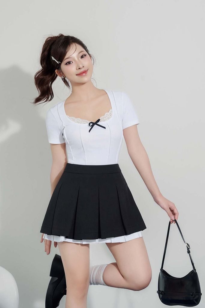 FJN5701 - Chân váy xếp ly nữ vải thô dáng xòe cạp trễ, phối vải thô trắng hiệu ứng 2 tầng, khóa giọt lệ thân sau - JAN.