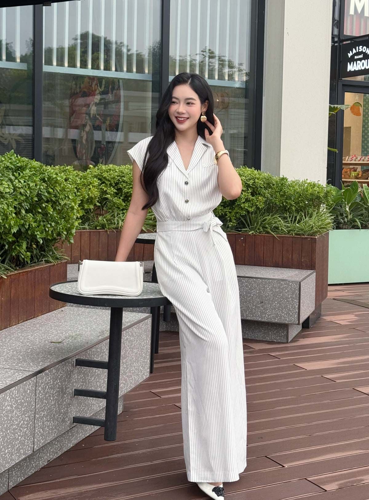 FJS1185 - Jumpsuit công sở vải thô kẻ dáng ôm cổ hai ve vai chờm lưng chun co giãn phối dây đai thắt eo tạo kiểu - tỷ lệ kèo 8899