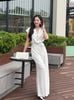 FJS1185 - Jumpsuit công sở vải thô kẻ dáng ôm cổ hai ve vai chờm lưng chun co giãn phối dây đai thắt eo tạo kiểu - tỷ lệ kèo 8899