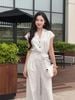 FJS1185 - Jumpsuit công sở vải thô kẻ dáng ôm cổ hai ve vai chờm lưng chun co giãn phối dây đai thắt eo tạo kiểu - tỷ lệ kèo 8899