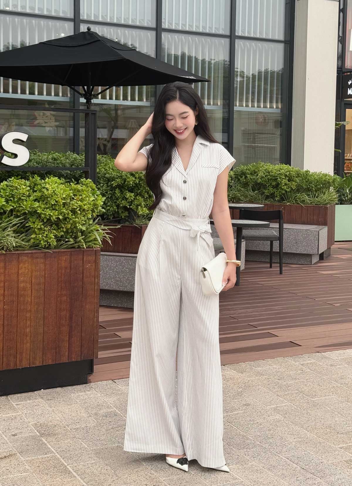 FJS1185 - Jumpsuit công sở vải thô kẻ dáng ôm cổ hai ve vai chờm lưng chun co giãn phối dây đai thắt eo tạo kiểu - tỷ lệ kèo 8899