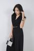 FJS3190 - Jumpsuit công sở vải tuytsi dáng ôm cổ xẻ V tay chờm có đệm vai quần ống rộng khoá thân sau kèm dây lưng tạo kiểu - PANTIO
