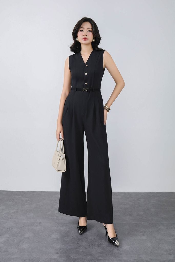 FJS3191 - Jumpsuit công sở vải thô dáng ôm cổ xẻ V không tay eo phối dây lưng co giãn tạo kiểu quần ống đứng khoá thân sau - PANTIO