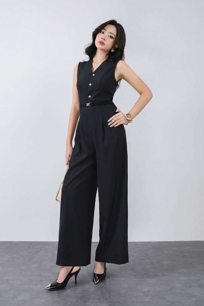 FJS3191 - Jumpsuit công sở vải thô dáng ôm cổ xẻ V không tay eo phối dây lưng co giãn tạo kiểu quần ống đứng khoá thân sau - PANTIO