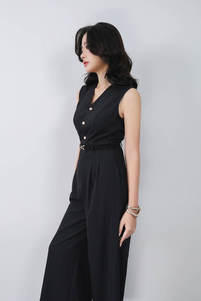 FJS3191 - Jumpsuit công sở vải thô dáng ôm cổ xẻ V không tay eo phối dây lưng co giãn tạo kiểu quần ống đứng khoá thân sau - PANTIO