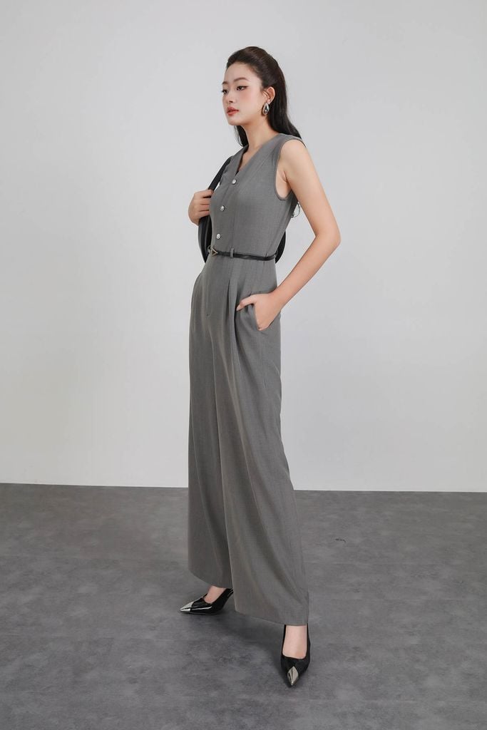 FJS3191 - Jumpsuit công sở vải thô dáng ôm cổ xẻ V không tay eo phối dây lưng co giãn tạo kiểu quần ống đứng khoá thân sau - PANTIO