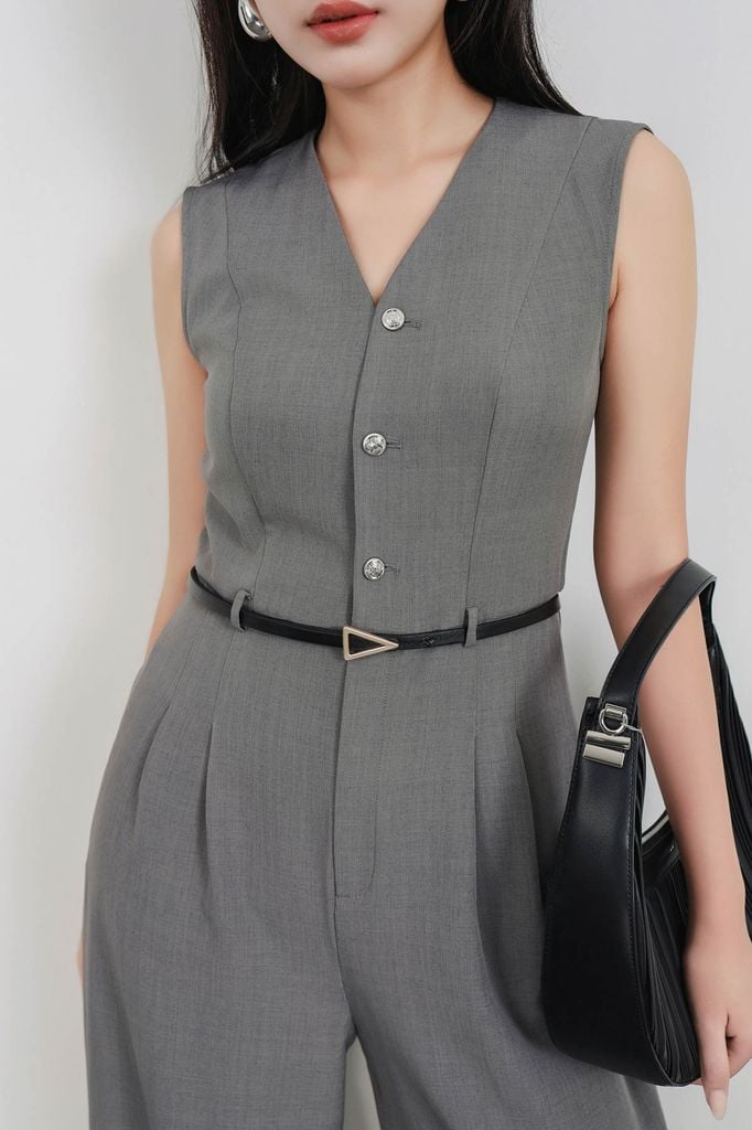 FJS3191 - Jumpsuit công sở vải thô dáng ôm cổ xẻ V không tay eo phối dây lưng co giãn tạo kiểu quần ống đứng khoá thân sau - PANTIO