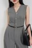 FJS3191 - Jumpsuit công sở vải thô dáng ôm cổ xẻ V không tay eo phối dây lưng co giãn tạo kiểu quần ống đứng khoá thân sau - PANTIO