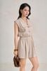 FJS5196 - Jumsuit dạo phố vải thô đũi dáng ngắn cổ xẻ V tay chờm eo bo chun ôm tạo kiểu - PANTIO