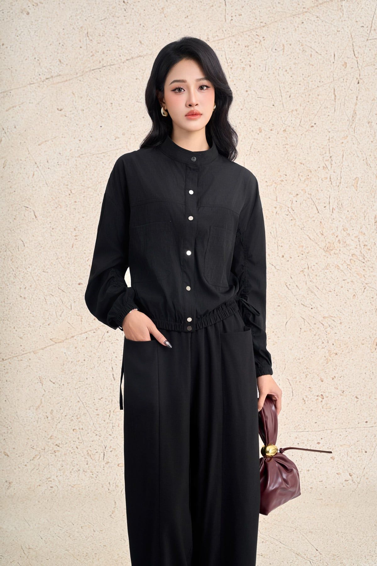 FQD71212 - Quần dài dạo phố vải thô mỏng dáng suông ống rộng cạp chun phối dây thắt tạo kiểu - PANTIO