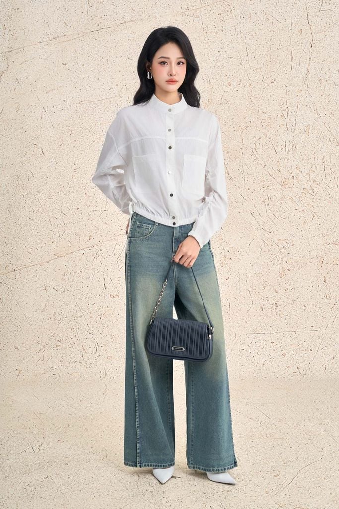 FKM7709 - Áo kiểu dạo phố vải thô dáng suông cổ tròn tay dài gấu áo bo chun ôm thời trang - PANTIO