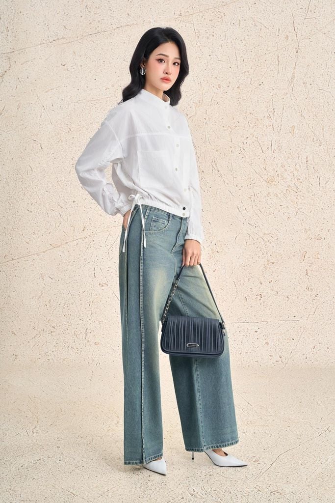 FKM7709 - Áo kiểu dạo phố vải thô dáng suông cổ tròn tay dài gấu áo bo chun ôm thời trang - PANTIO