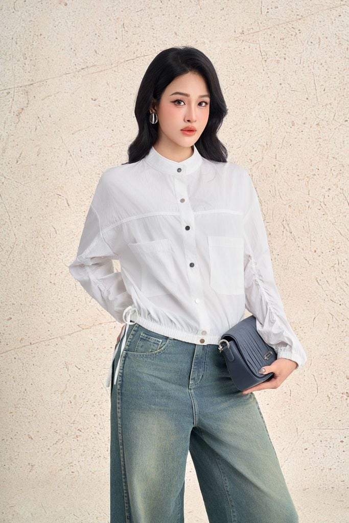 FKM7709 - Áo kiểu dạo phố vải thô dáng suông cổ tròn tay dài gấu áo bo chun ôm thời trang - PANTIO