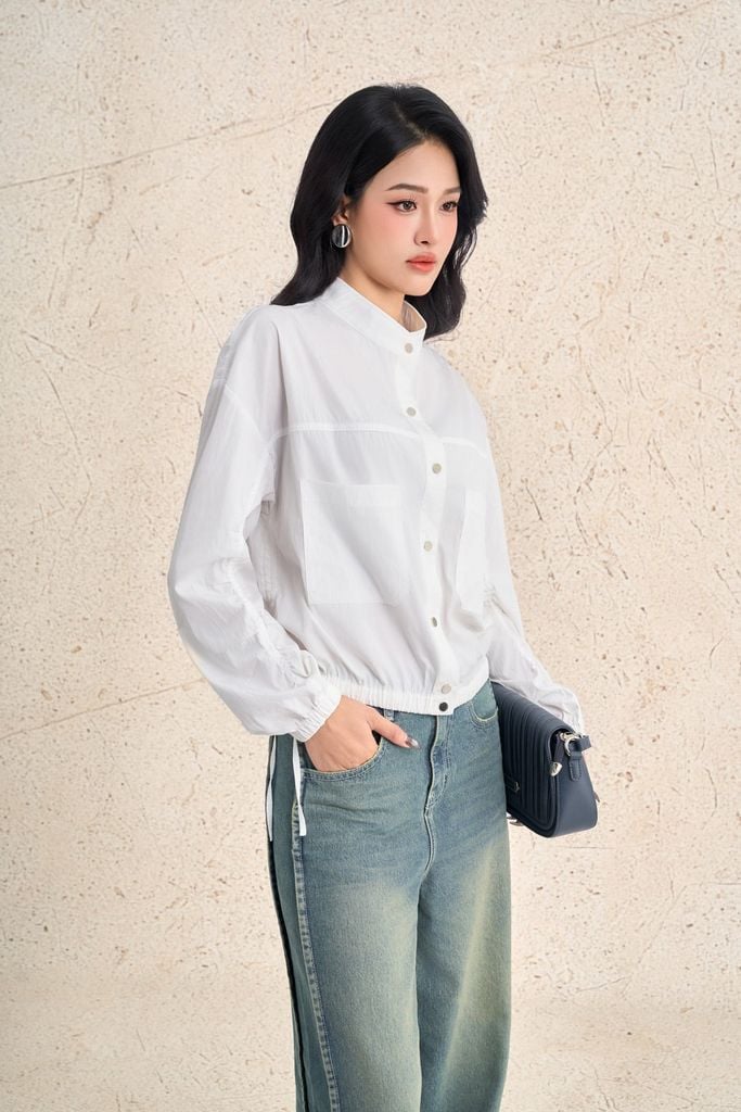 FKM7709 - Áo kiểu dạo phố vải thô dáng suông cổ tròn tay dài gấu áo bo chun ôm thời trang - PANTIO