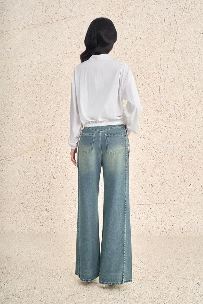 FKM7709 - Áo kiểu dạo phố vải thô dáng suông cổ tròn tay dài gấu áo bo chun ôm thời trang - PANTIO