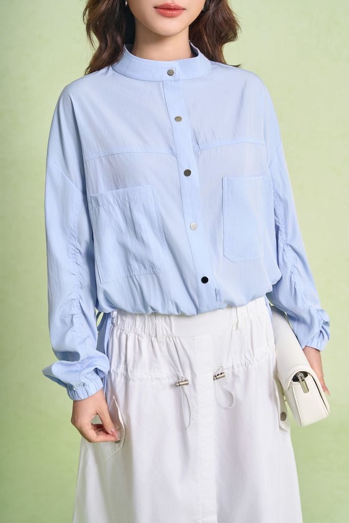 FKM7709 - Áo kiểu dạo phố vải thô dáng suông cổ tròn tay dài gấu áo bo chun ôm thời trang - PANTIO