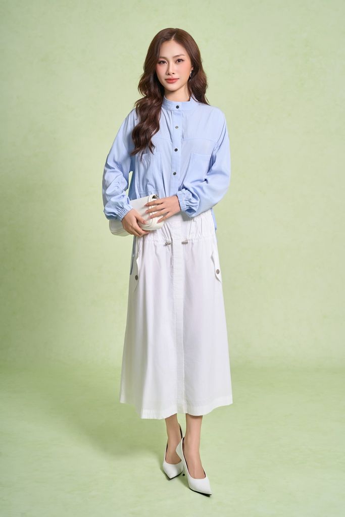 FJD51110 - Chân váy dạo phố vải thô kate dáng A có lót vải habutai cạp chun phối đai trang trí thân rút nhún phối túi bên hông tạo kiểu - PANTIO