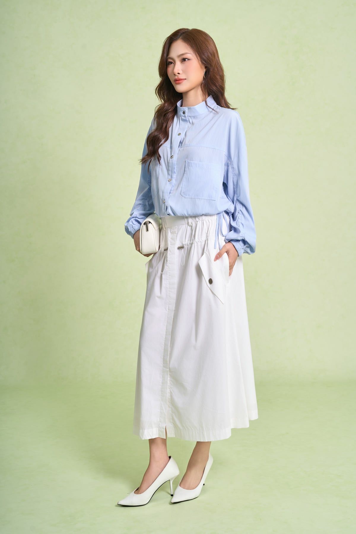 FJD51110 - Chân váy dạo phố vải thô kate dáng A có lót vải habutai cạp chun phối đai trang trí thân rút nhún phối túi bên hông tạo kiểu - PANTIO