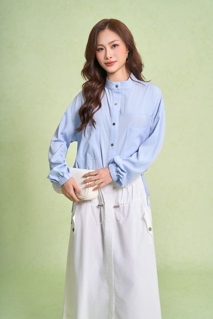 FKM7709 - Áo kiểu dạo phố vải thô dáng suông cổ tròn tay dài gấu áo bo chun ôm thời trang - PANTIO