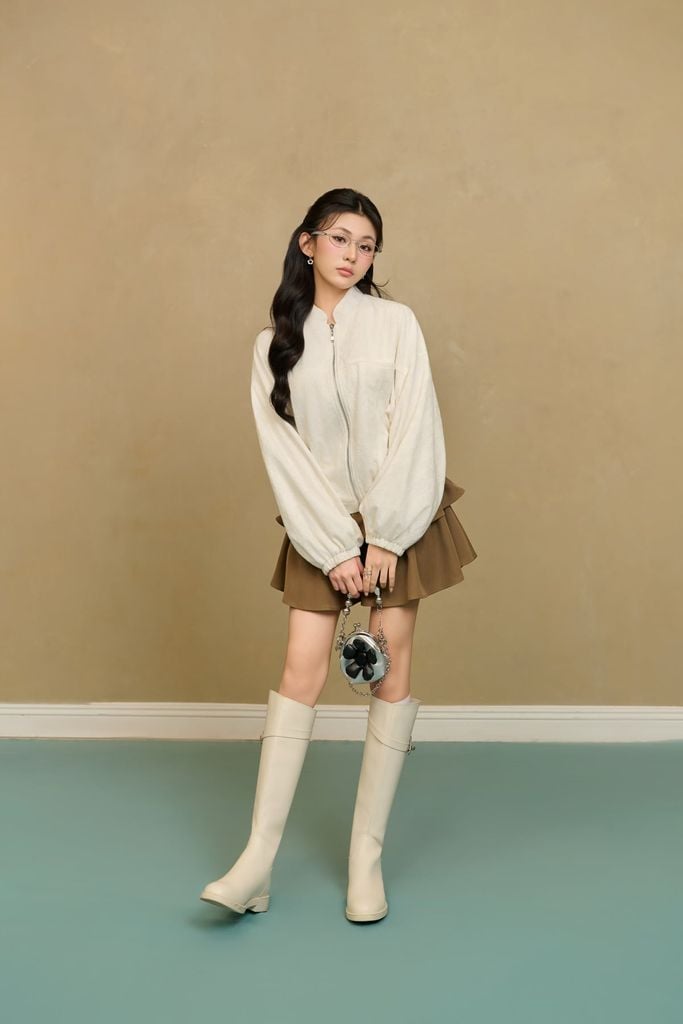 FKM9712 - Áo khoác kiểu vải ren mỏng dáng suông cổ tròn tay rộng gấu áo bo chun tạo kiểu - JAN.