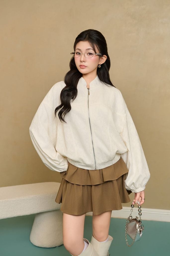 FJN9746 - Chân váy ngắn vải thô đũi dáng xòe hai tầng thời trang cạp đính khuy đá tạo kiểu - JAN.